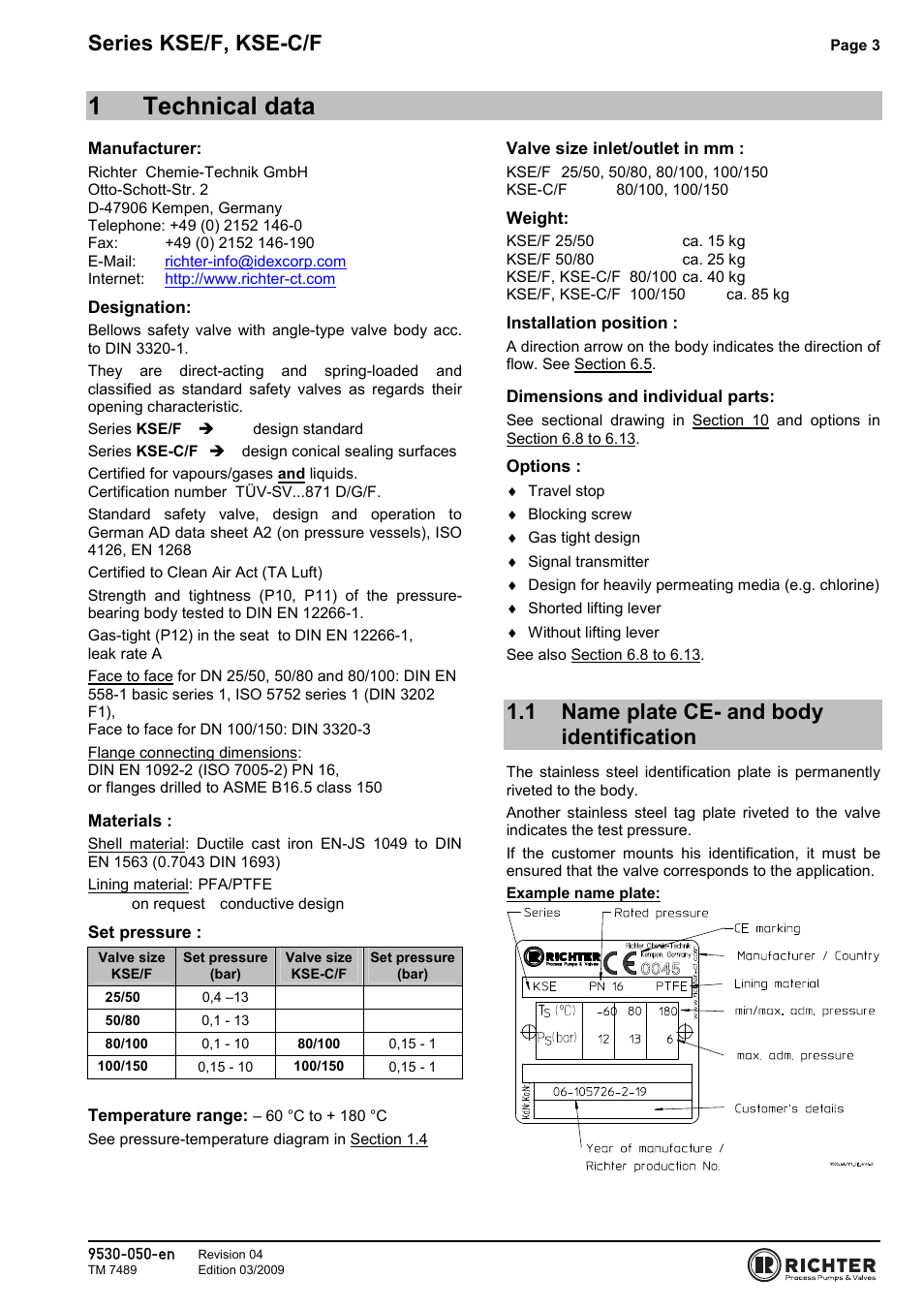 1 technical data, 1 name plate ce- and body identification, Name plate ce- and body identification | 1technical data, Series kse/f, kse-c/f | Richter KSE-C/F Series Safety Valves User Manual | Page 3 / 28