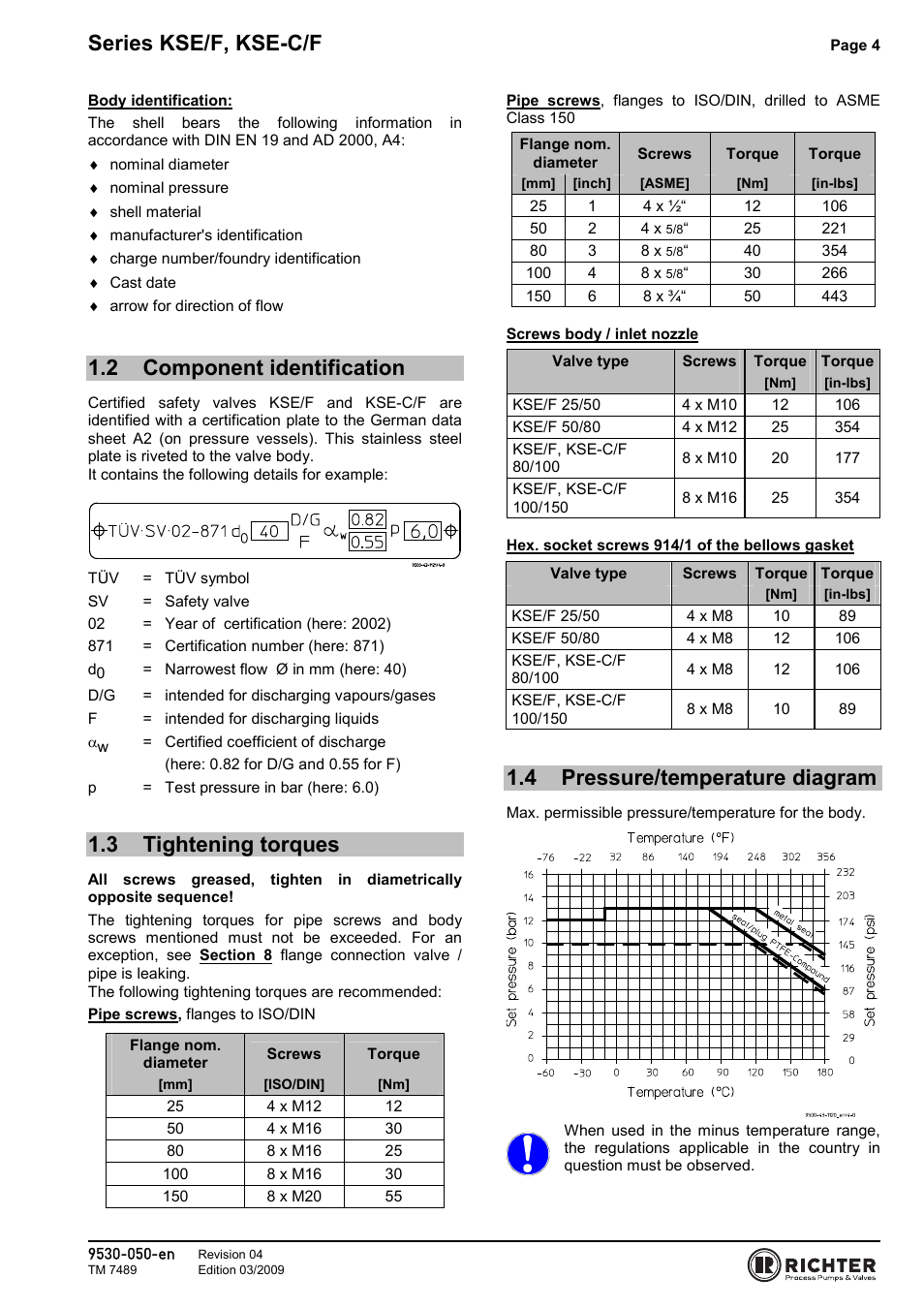 2 component identification, 3 tightening torques, 4 pressure/temperature diagram | Component identification, Tightening torques, Pressure/temperature diagram, Series kse/f, kse-c/f | Richter KSE-C/F Series Safety Valves User Manual | Page 4 / 28