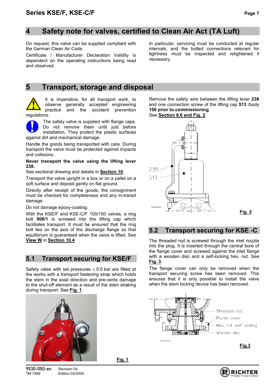 5 transport, storage and disposal, 1 transport securing for kse/f, 2 transport securing for kse -c | Clean air act (ta luft), Transport securing for kse/f, Transport securing for kse -c, 5transport, storage and disposal, Series kse/f, kse-c/f | Richter KSE-C/F Series Safety Valves User Manual | Page 7 / 28