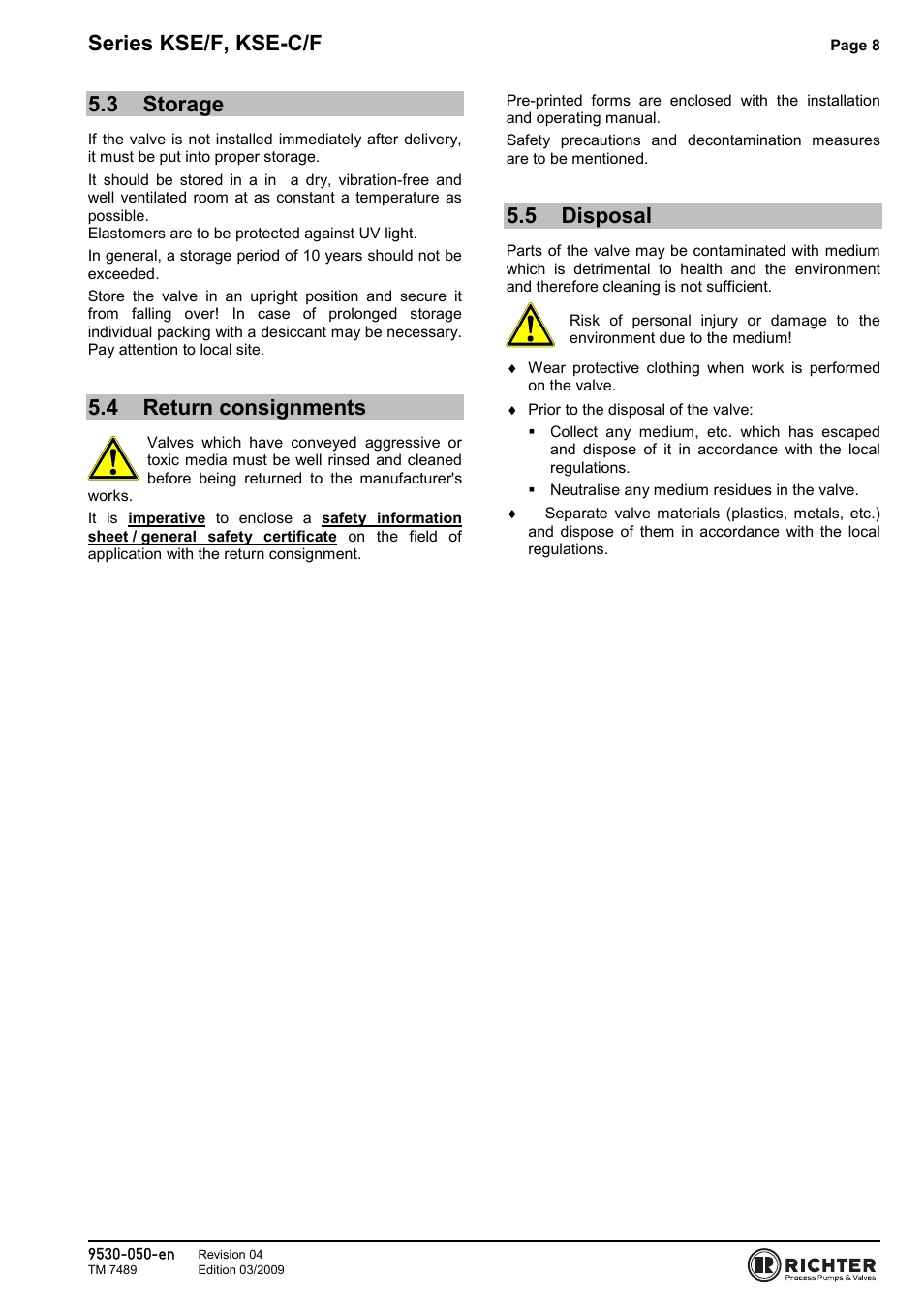 3 storage, 4 return consignments, 5 disposal | Storage, Return consignments, Disposal, Series kse/f, kse-c/f | Richter KSE-C/F Series Safety Valves User Manual | Page 8 / 28