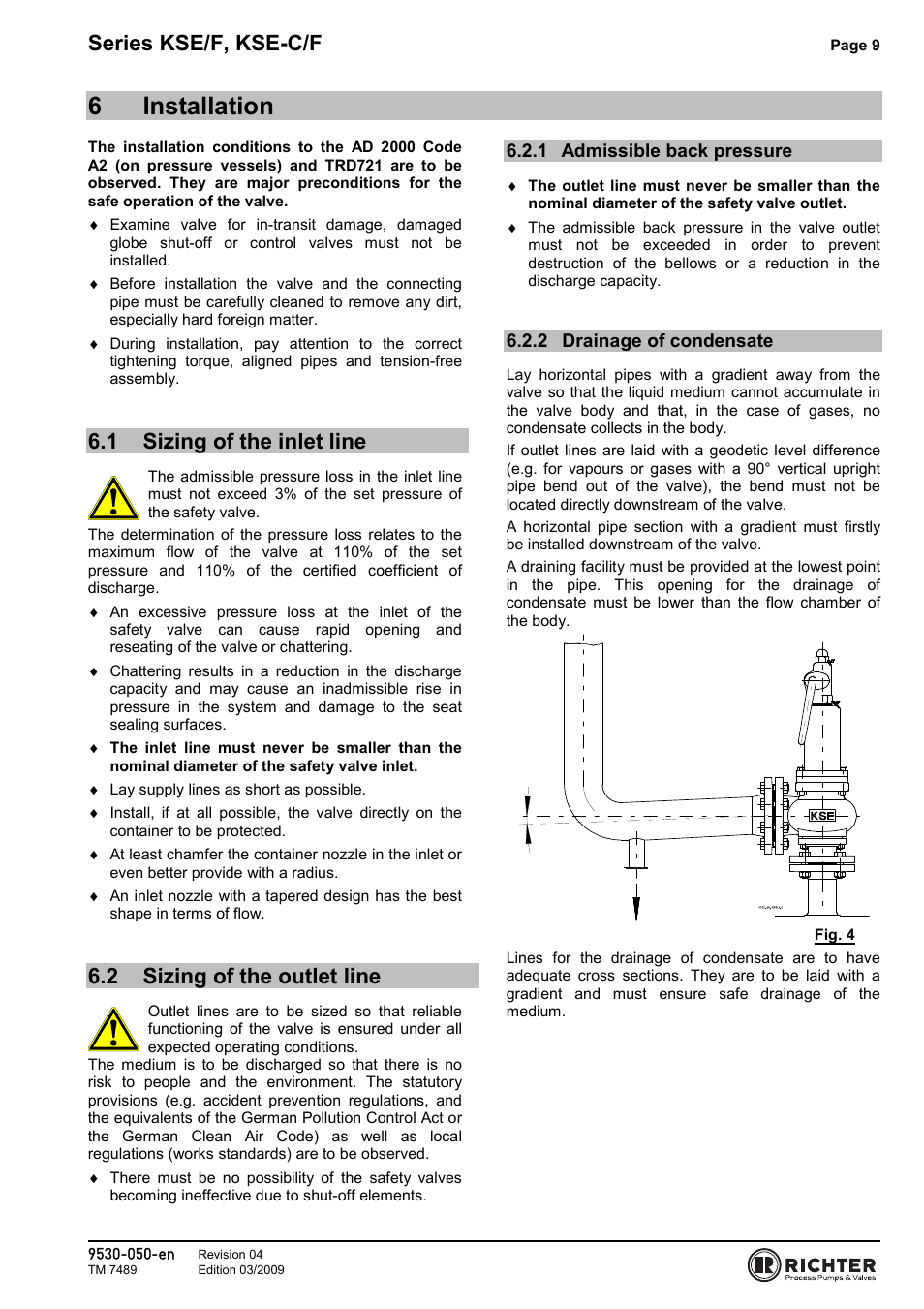 6 installation, 1 sizing of the inlet line, 2 sizing of the outlet line | 1 admissible back pressure, 2 drainage of condensate, Sizing of the inlet line, Sizing of the outlet line, Admissible back pressure, Drainage of condensate, 6installation | Richter KSE-C/F Series Safety Valves User Manual | Page 9 / 28