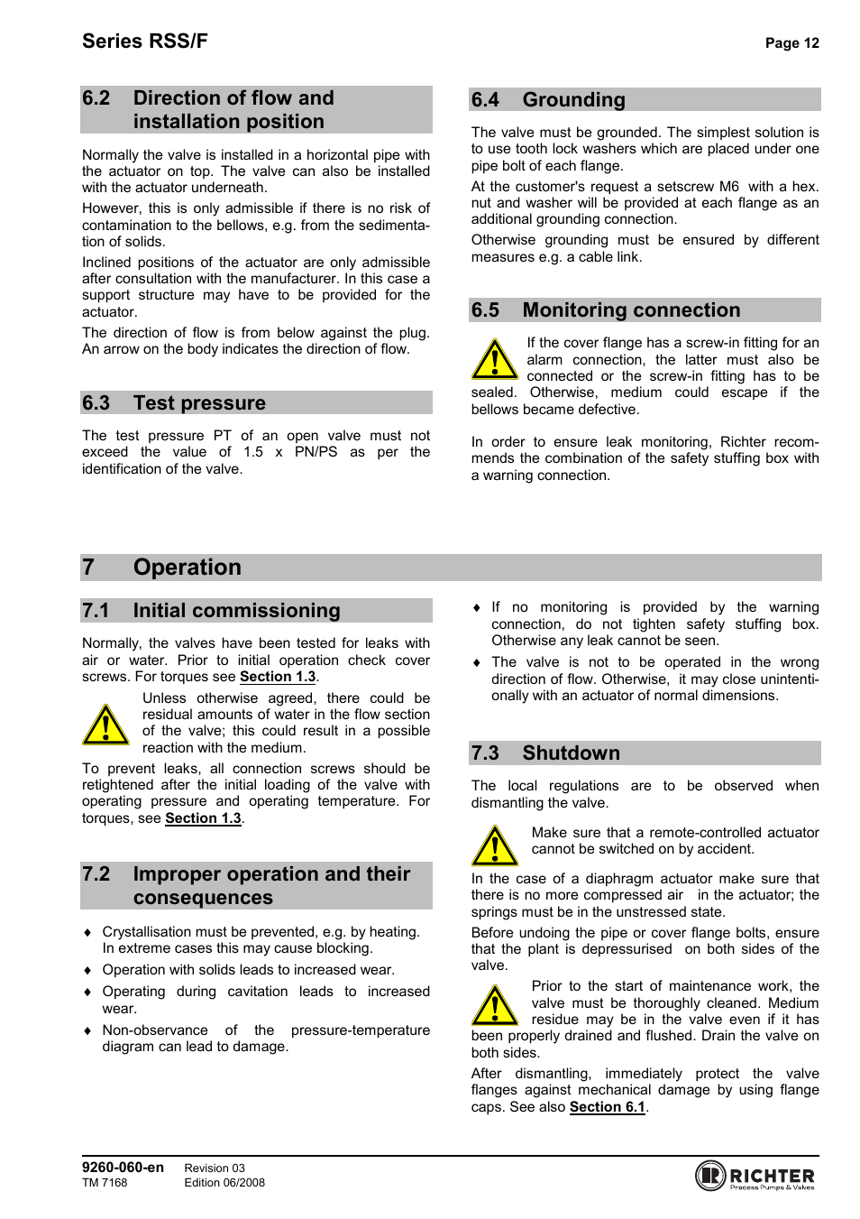 2 direction of flow and installation position, 3 test pressure, 4 grounding | 5 monitoring connection, 7 operation, 1 initial commissioning, 2 improper operation and their consequences, 3 shutdown, Direction of flow and installation position, Test pressure | Richter RSS/F Series Bellows-Sealed Control Valves User Manual | Page 12 / 22