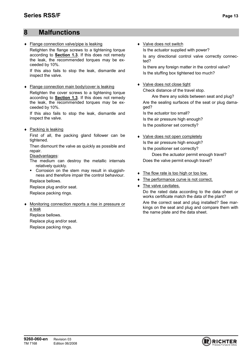 8 malfunctions, 8malfunctions, Series rss/f | Richter RSS/F Series Bellows-Sealed Control Valves User Manual | Page 13 / 22