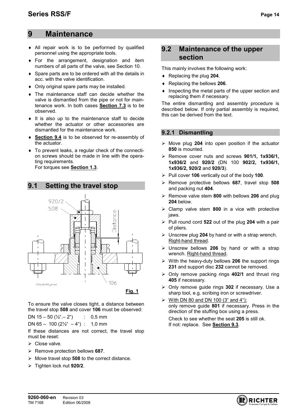 9 maintenance, 1 setting the travel stop, 2 maintenance of the upper section | 1 dismantling, Setting the travel stop, Maintenance of the upper section, Dismantling 14, 9maintenance, Series rss/f | Richter RSS/F Series Bellows-Sealed Control Valves User Manual | Page 14 / 22