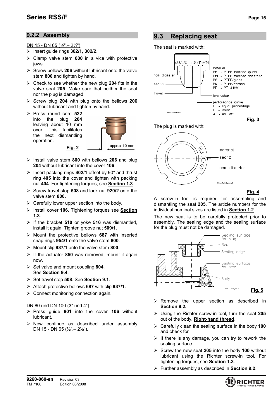 2 assembly, 3 replacing seat, Assembly 15 | Replacing seat, Series rss/f | Richter RSS/F Series Bellows-Sealed Control Valves User Manual | Page 15 / 22