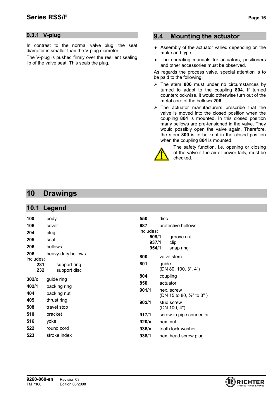 1 v-plug, 4 mounting the actuator, 10 drawings | 1 legend, V-plug 16, Mounting the actuator, Legend, Series rss/f | Richter RSS/F Series Bellows-Sealed Control Valves User Manual | Page 16 / 22