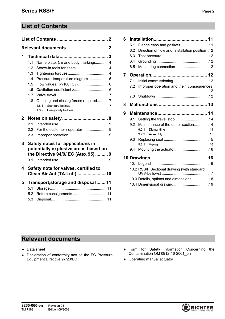 List of contents, Relevant documents, Series rss/f | Richter RSS/F Series Bellows-Sealed Control Valves User Manual | Page 2 / 22