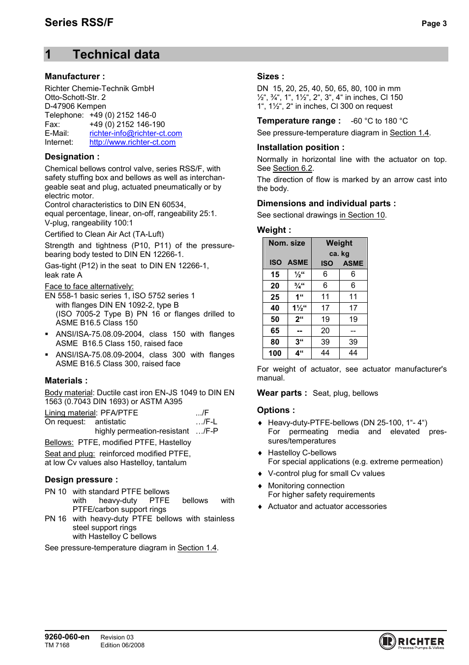 1 technical data, 1technical data, Series rss/f | Richter RSS/F Series Bellows-Sealed Control Valves User Manual | Page 3 / 22