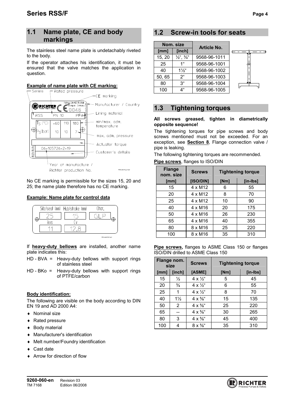 2 screw-in tools for seats, 3 tightening torques, Name plate, ce and body markings | Screw-in tools for seats, Tightening torques, Series rss/f, 1 name plate, ce and body markings | Richter RSS/F Series Bellows-Sealed Control Valves User Manual | Page 4 / 22