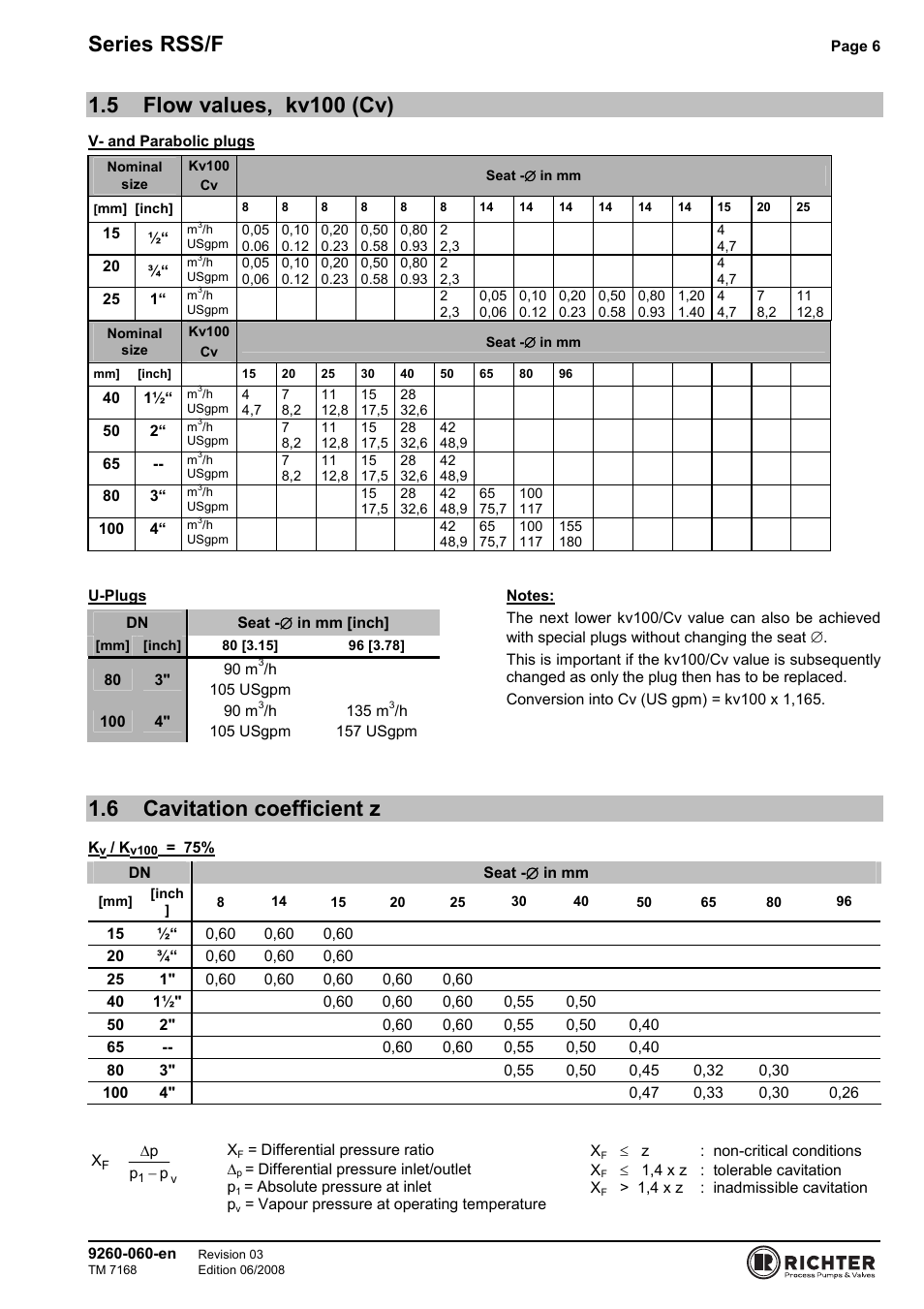 5 flow values, kv100 (cv), 6 cavitation coefficient z, Flow values, kv100 (cv) | Cavitation coefficient z, Series rss/f | Richter RSS/F Series Bellows-Sealed Control Valves User Manual | Page 6 / 22