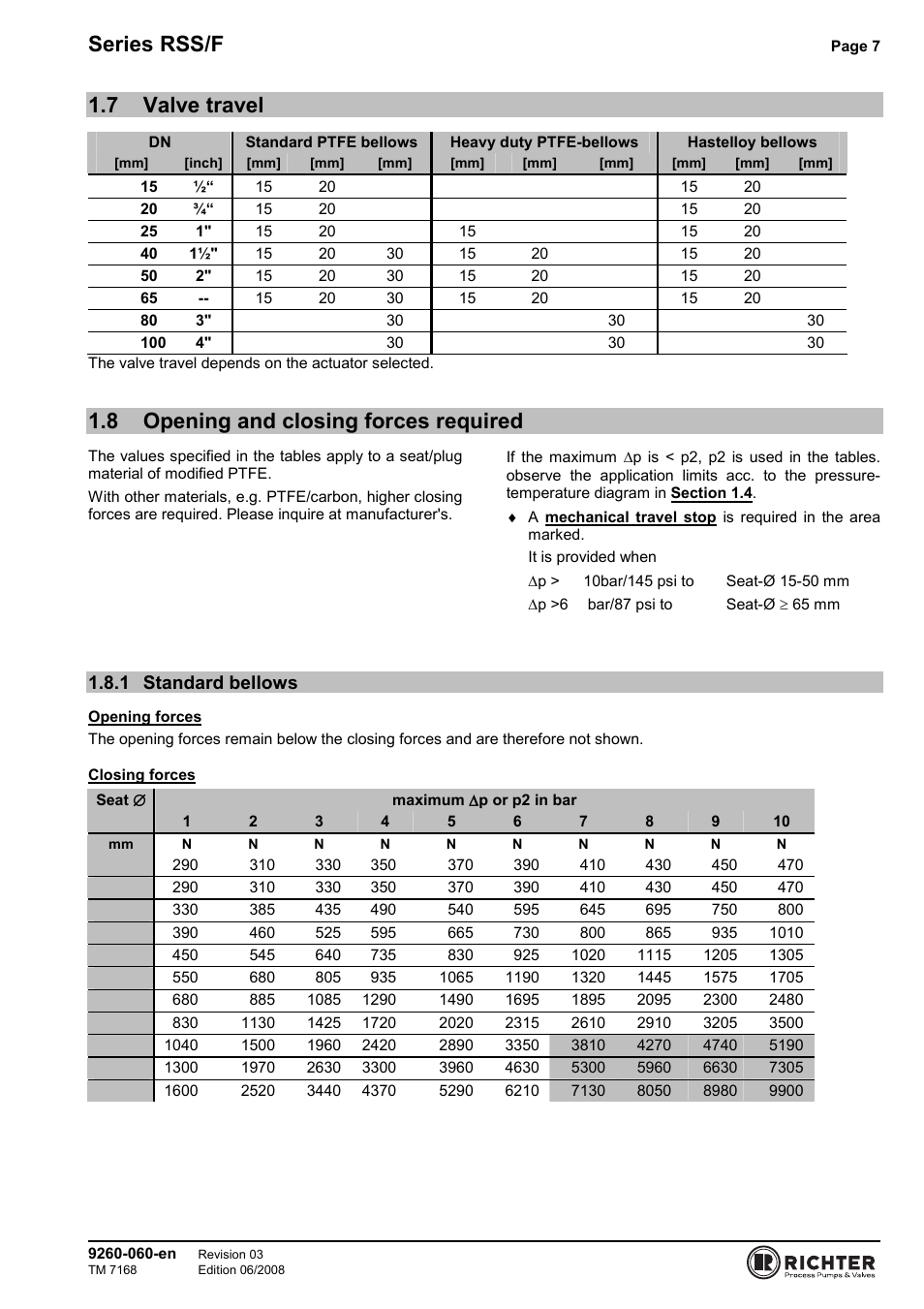 7 valve travel, 8 opening and closing forces required, 1 standard bellows | Valve travel, Opening and closing forces required, Standard bellows, Series rss/f | Richter RSS/F Series Bellows-Sealed Control Valves User Manual | Page 7 / 22