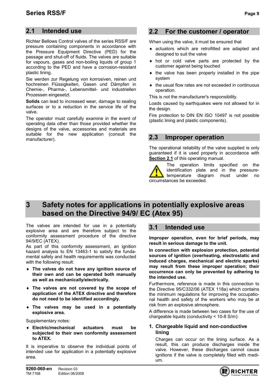 1 intended use, 2 for the customer / operator, 3 improper operation | Intended use, For the customer / operator, Improper operation, The directive 94/9/ ec (atex 95), Series rss/f | Richter RSS/F Series Bellows-Sealed Control Valves User Manual | Page 9 / 22