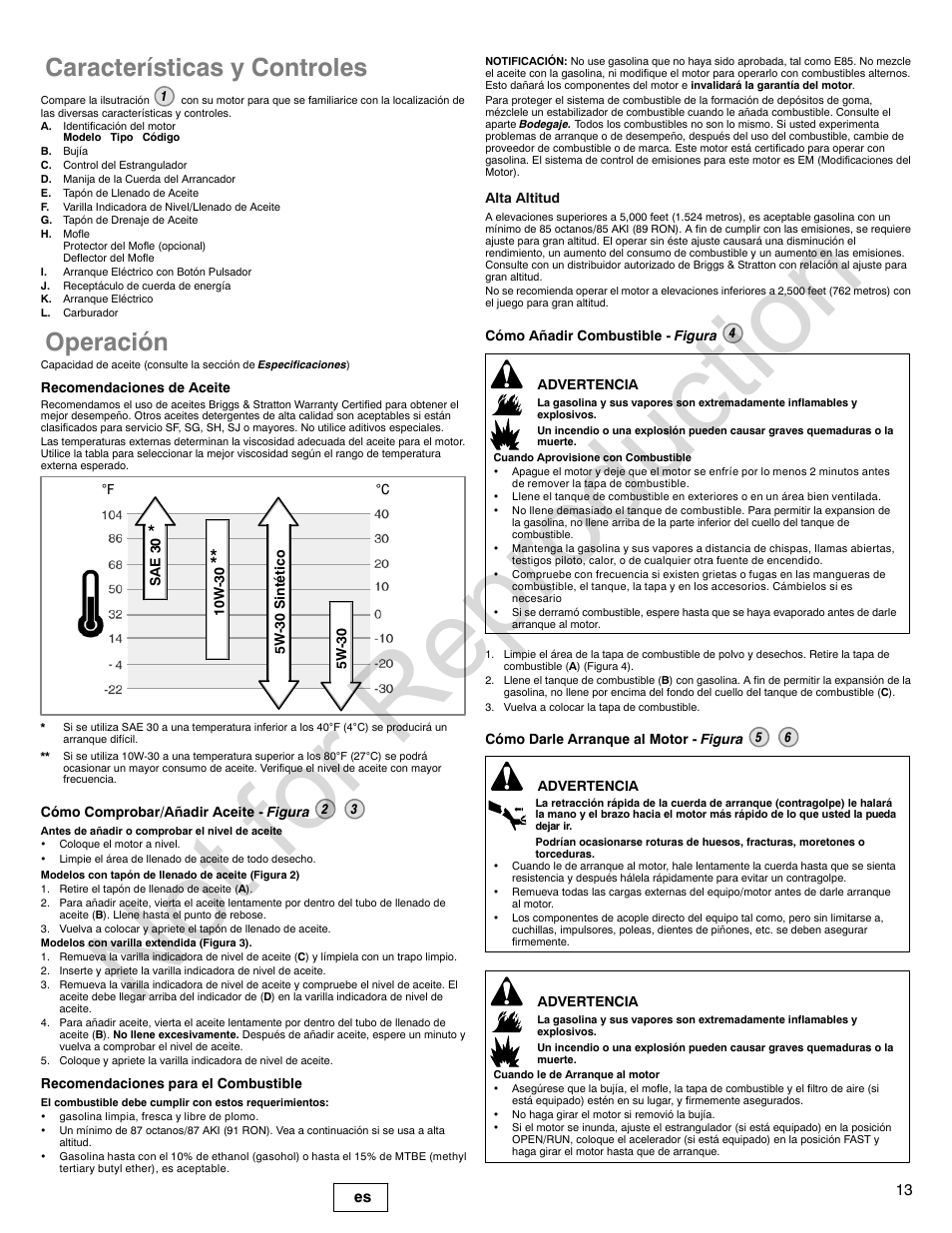Not for reproduction, Características y controles, Operación | Briggs & Stratton Snow Series User Manual | Page 13 / 24