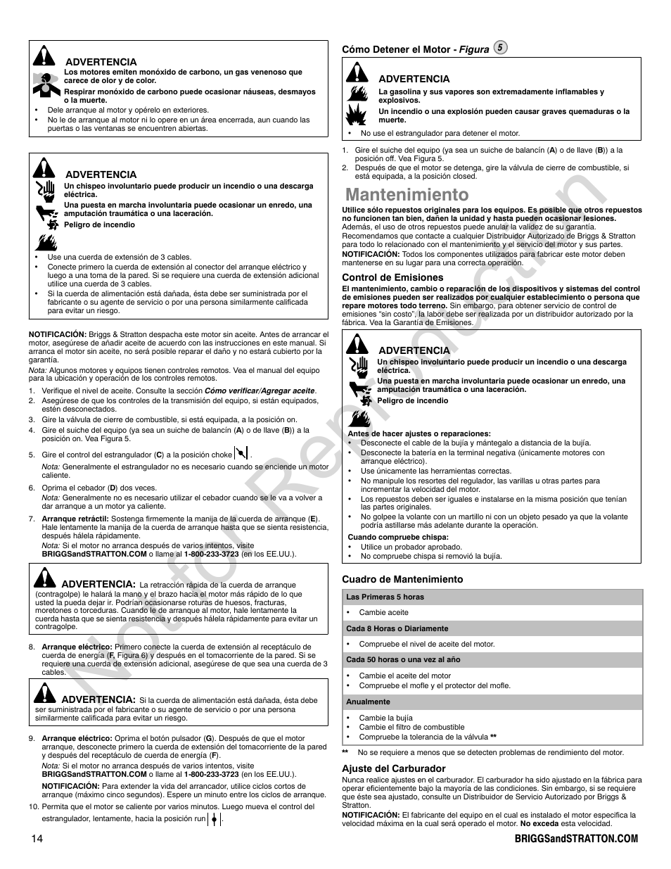 Not for reproduction, Mantenimiento | Briggs & Stratton Snow Series User Manual | Page 14 / 24