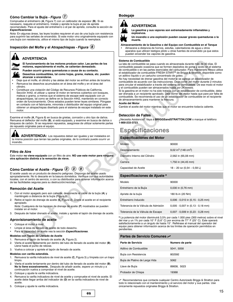 Not for reproduction, Especificaciones, 15 es | Briggs & Stratton Snow Series User Manual | Page 15 / 24