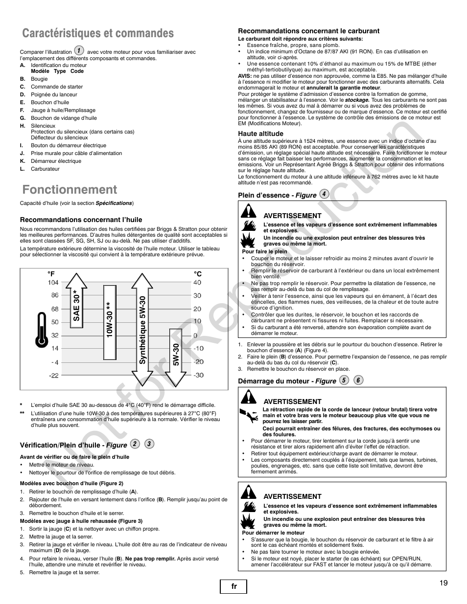 Not for reproduction, Caractéristiques et commandes, Fonctionnement | Briggs & Stratton Snow Series User Manual | Page 19 / 24