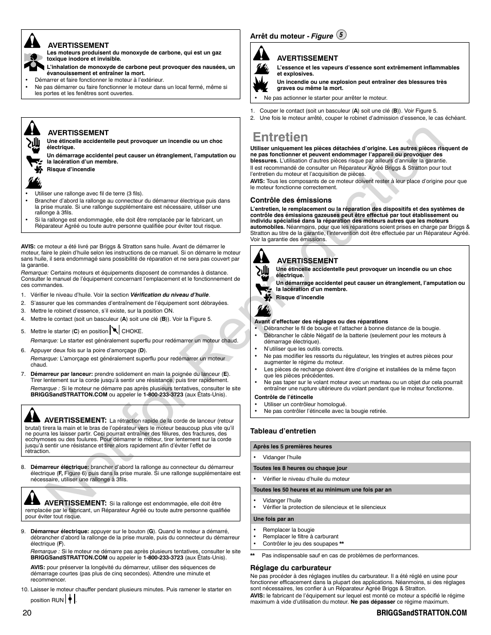 Not for reproduction, Entretien | Briggs & Stratton Snow Series User Manual | Page 20 / 24