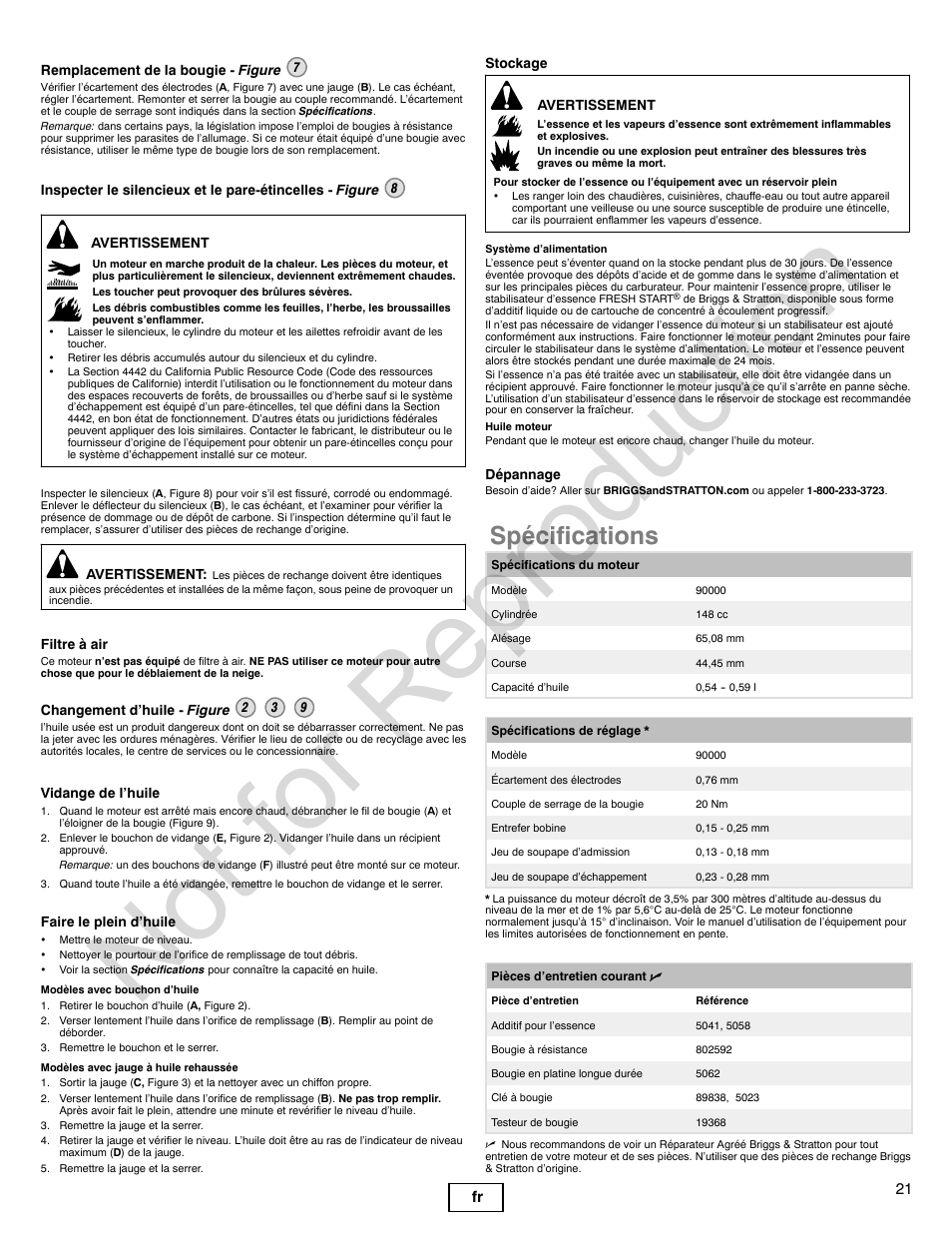 Not for reproduction, Spécifications, 21 fr | Briggs & Stratton Snow Series User Manual | Page 21 / 24