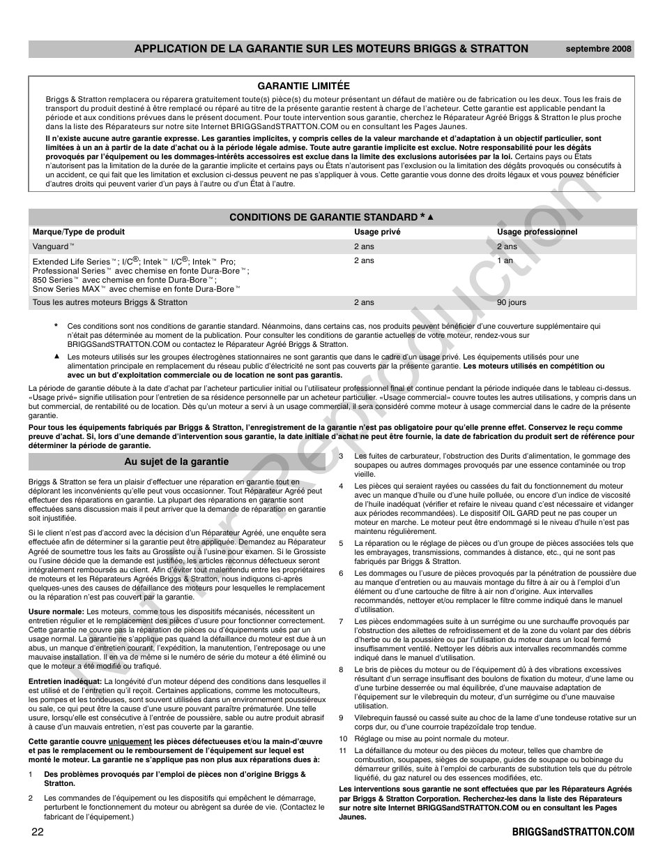 Not for reproduction | Briggs & Stratton Snow Series User Manual | Page 22 / 24