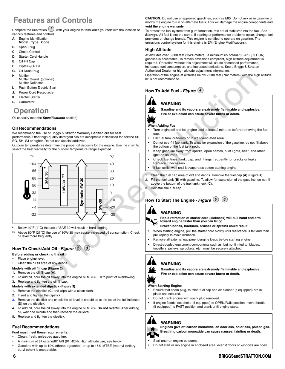 Not for reproduction, Features and controls, Operation | Briggs & Stratton Snow Series User Manual | Page 6 / 24