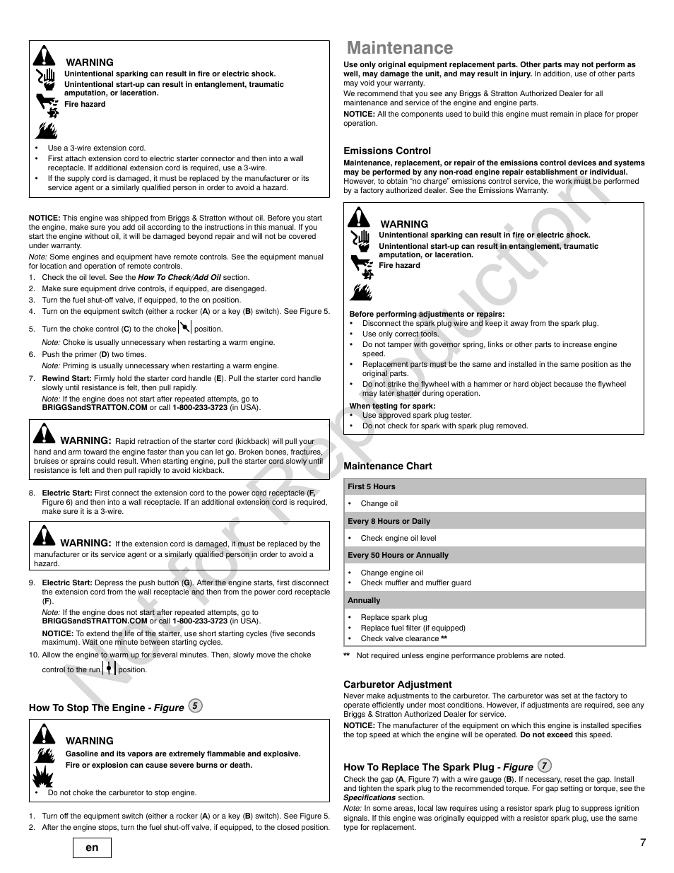 Not for reproduction, Maintenance | Briggs & Stratton Snow Series User Manual | Page 7 / 24