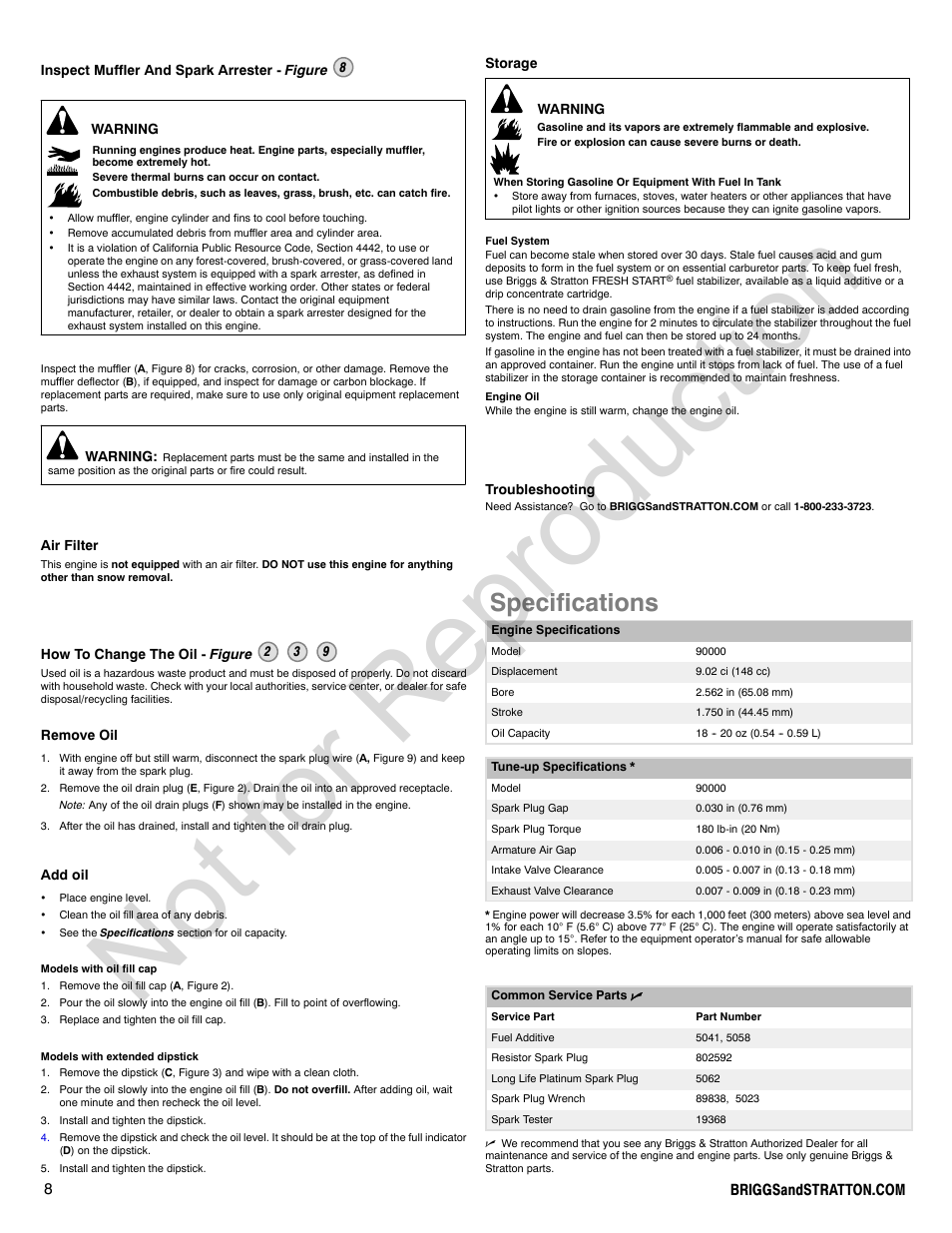 Not for reproduction, Specifications | Briggs & Stratton Snow Series User Manual | Page 8 / 24