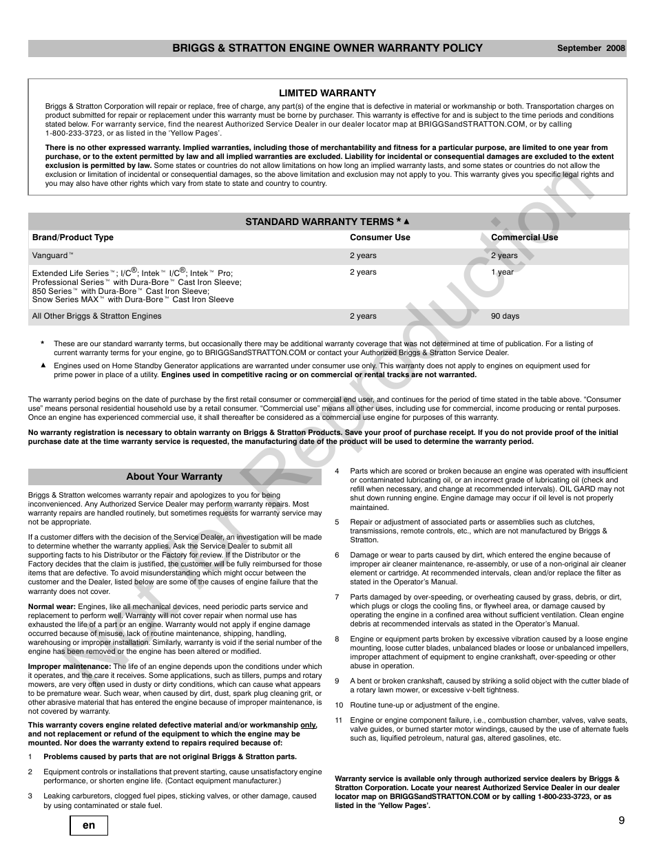 Not for reproduction, 9en briggs & stratton engine owner warranty policy | Briggs & Stratton Snow Series User Manual | Page 9 / 24