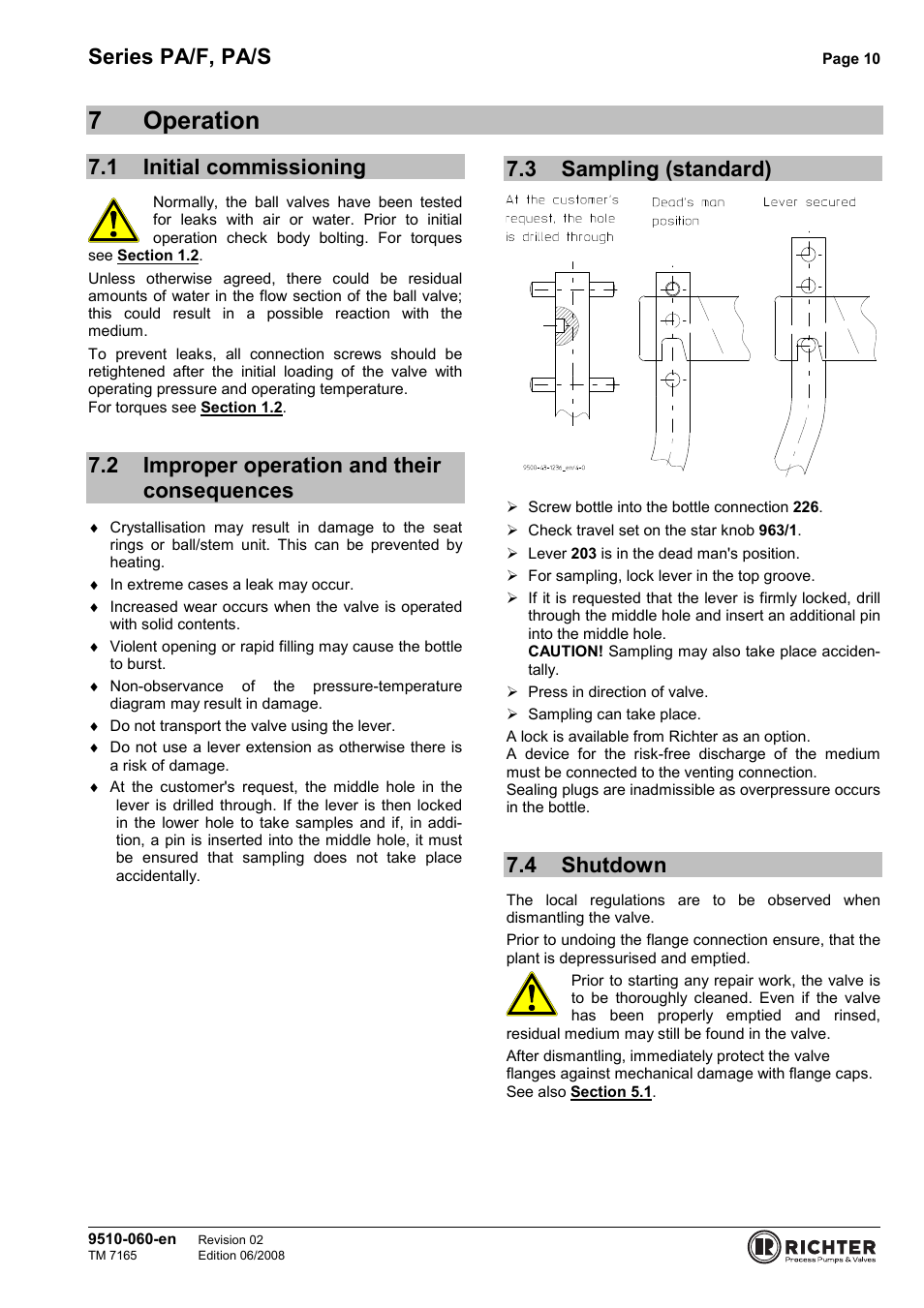 7 operation, 1 initial commissioning, 2 improper operation and their consequences | 3 sampling (standard), 4 shutdown, Initial commissioning, Sampling (standard), Shutdown, 7operation, Series pa/f, pa/s | Richter PA/S Series Sampling Valves User Manual | Page 10 / 22