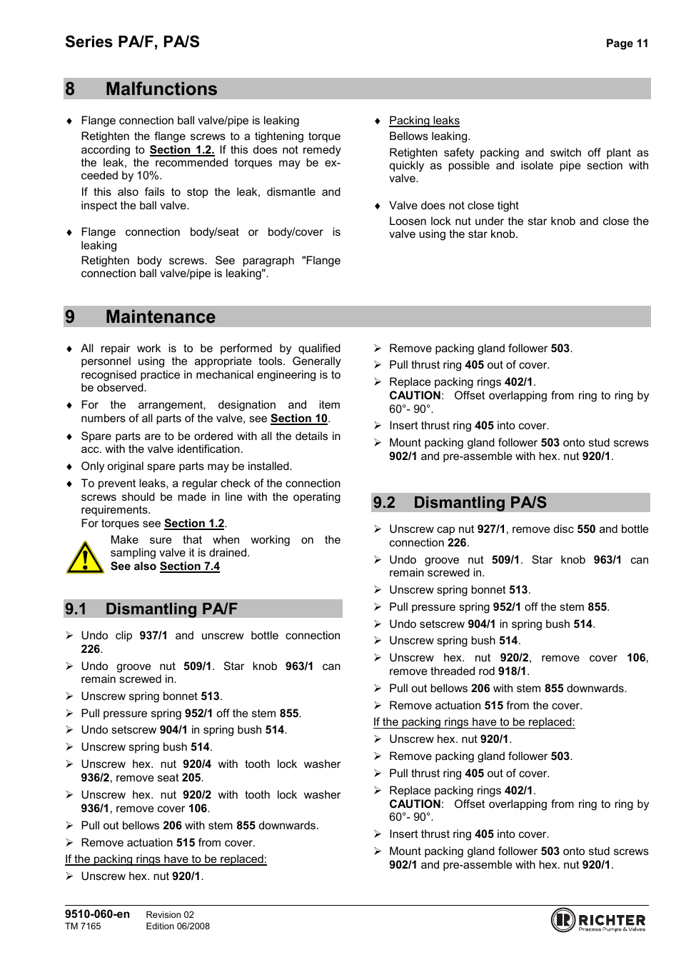 8 malfunctions, 9 maintenance, 1 dismantling pa/f | 2 dismantling pa/s, Dismantling pa/f, Dismantling pa/s, 8malfunctions, 9maintenance, Series pa/f, pa/s | Richter PA/S Series Sampling Valves User Manual | Page 11 / 22