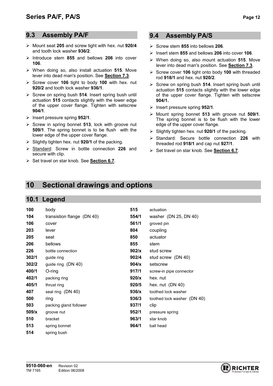 3 assembly pa/f, 4 assembly pa/s, 10 sectional drawings and options | 1 legend, Assembly pa/f, Assembly pa/s, Legend, Series pa/f, pa/s | Richter PA/S Series Sampling Valves User Manual | Page 12 / 22