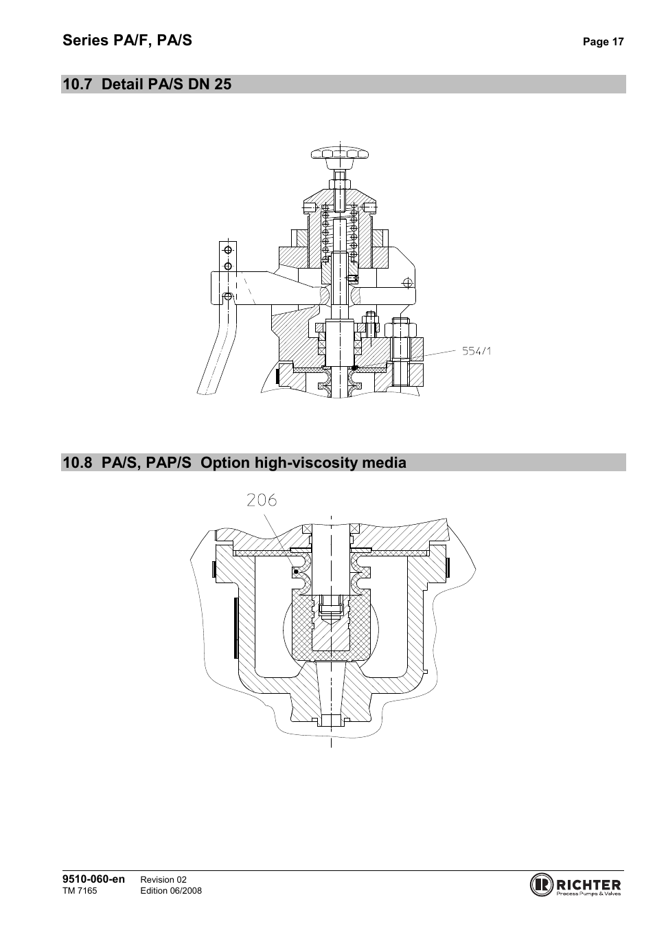 7 detail pa/s dn 25, 8 pa/s, pap/s option high-viscosity media, Detail pa/s dn 25 | Pa/s, pap/s option high-viscosity media 17, Series pa/f, pa/s | Richter PA/S Series Sampling Valves User Manual | Page 17 / 22