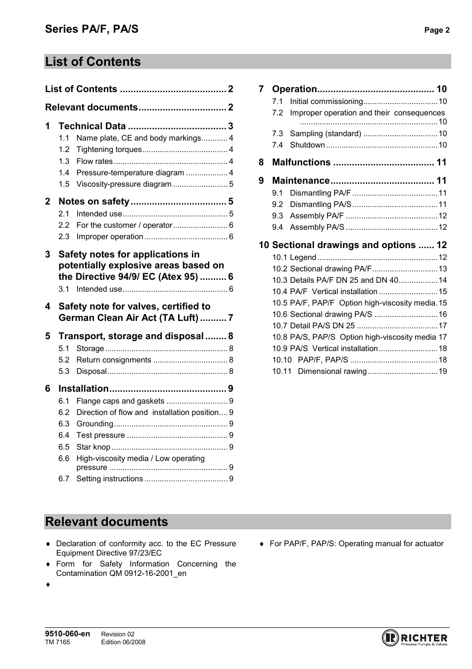 List of contents, Relevant documents, Series pa/f, pa/s | Richter PA/S Series Sampling Valves User Manual | Page 2 / 22