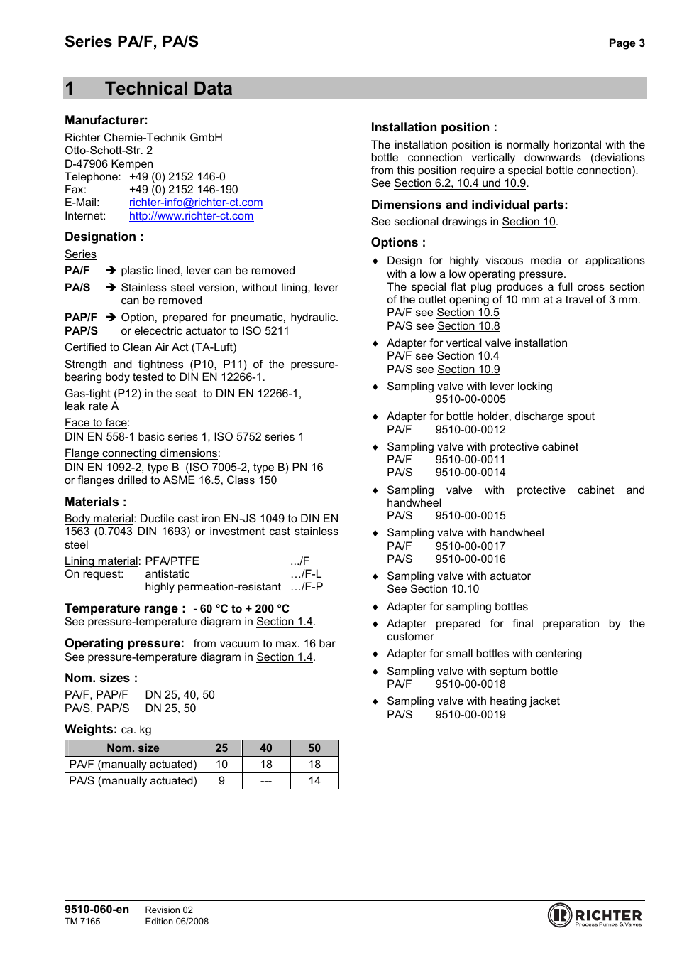 1 technical data, 1technical data, Series pa/f, pa/s | Richter PA/S Series Sampling Valves User Manual | Page 3 / 22