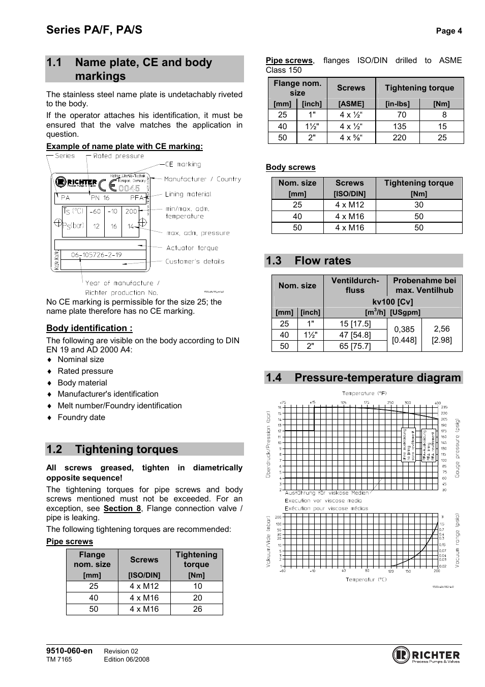 1 name plate, ce and body markings, 2 tightening torques, 3 flow rates | 4 pressure-temperature diagram, Name plate, ce and body markings, Tightening torques, Flow rates, Pressure-temperature diagram, Series pa/f, pa/s | Richter PA/S Series Sampling Valves User Manual | Page 4 / 22