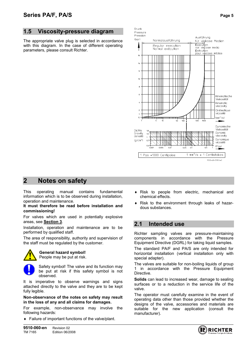 5 viscosity-pressure diagram, 2 notes on safety, 1 intended use | Viscosity-pressure diagram, Intended use, Series pa/f, pa/s | Richter PA/S Series Sampling Valves User Manual | Page 5 / 22