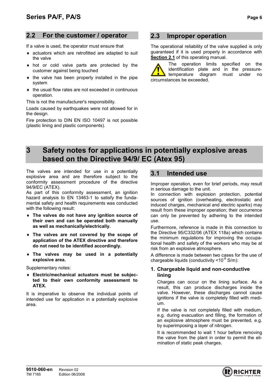 2 for the customer / operator, 3 improper operation, 1 intended use | For the customer / operator, Improper operation, The directive 94/9/ ec (atex 95), Intended use, Series pa/f, pa/s | Richter PA/S Series Sampling Valves User Manual | Page 6 / 22