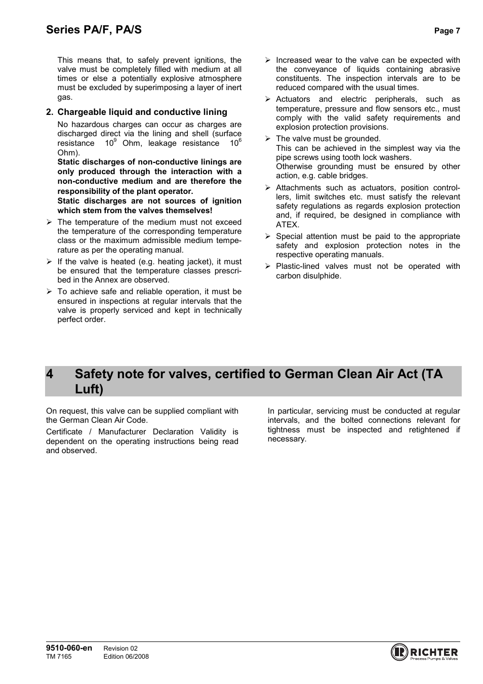 German clean air act (ta luft), Series pa/f, pa/s | Richter PA/S Series Sampling Valves User Manual | Page 7 / 22