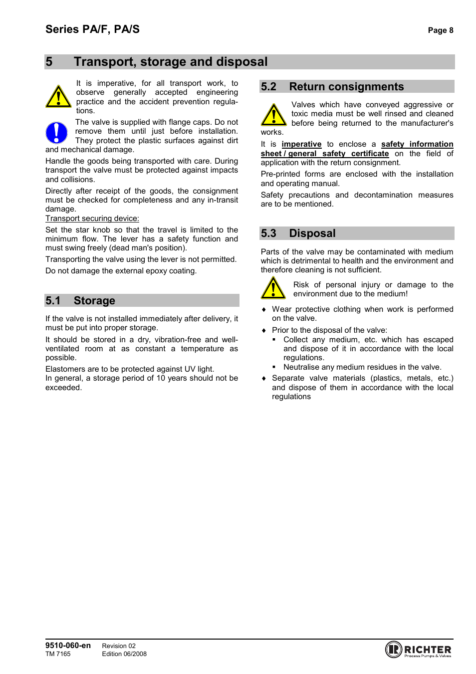 5 transport, storage and disposal, 1 storage, 2 return consignments | 3 disposal, Storage, Return consignments, Disposal, 5transport, storage and disposal, Series pa/f, pa/s | Richter PA/S Series Sampling Valves User Manual | Page 8 / 22