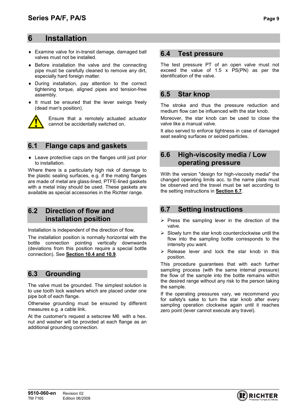 6 installation, 1 flange caps and gaskets, 2 direction of flow and installation position | 3 grounding, 4 test pressure, 5 star knop, 6 high-viscosity media / low operating pressure, 7 setting instructions, Flange caps and gaskets, Direction of flow and installation position | Richter PA/S Series Sampling Valves User Manual | Page 9 / 22