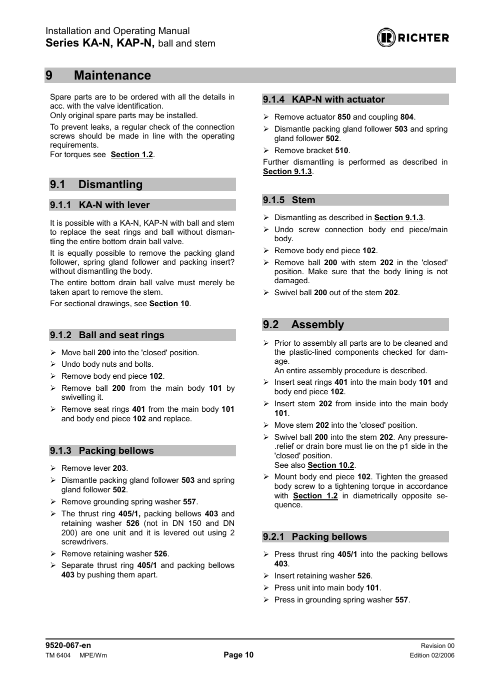 9 maintenance, 1 dismantling, 1 ka-n with lever | 2 ball and seat rings, 3 packing bellows, 4 kap-n with actuator, 5 stem, 2 assembly, 1 packing bellows, Maintenance | Richter KAP-N Series Bottom Drain Ball Valves User Manual | Page 10 / 17