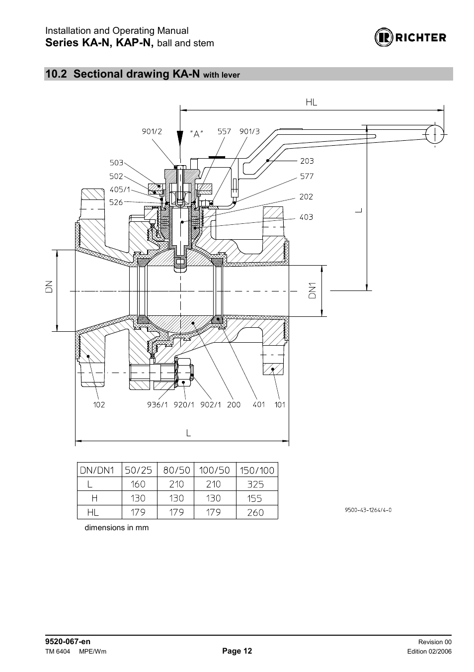 2 sectional drawing ka-n with lever, Sectional drawing ka-n with lever, D 10.2 | Series ka-n, kap-n | Richter KAP-N Series Bottom Drain Ball Valves User Manual | Page 12 / 17