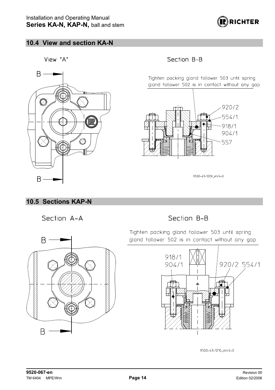 4 view and section ka-n, 5 sections kap-n, View and section ka-n | Sections kap-n, Series ka-n, kap-n | Richter KAP-N Series Bottom Drain Ball Valves User Manual | Page 14 / 17