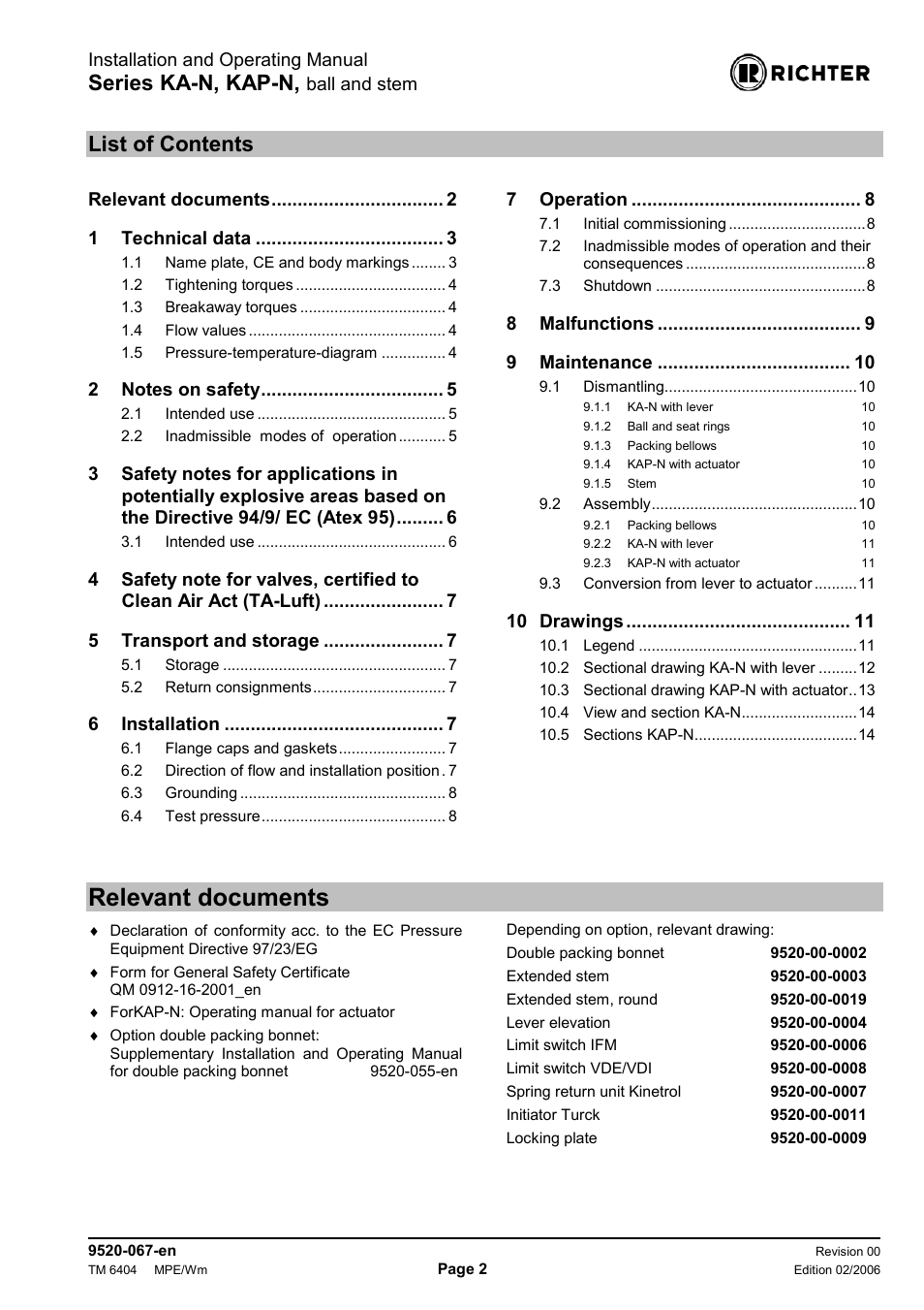 Relevant documents, List of contents, Series ka-n, kap-n | Richter KAP-N Series Bottom Drain Ball Valves User Manual | Page 2 / 17