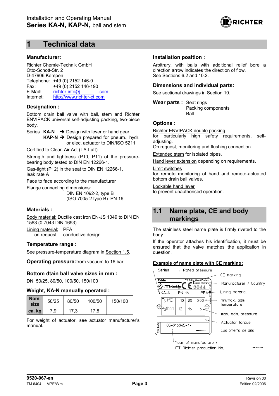 1 technical data, 1 name plate, ce and body markings, Technical data | Name plate, ce and body markings, 1technical data, Series ka-n, kap-n | Richter KAP-N Series Bottom Drain Ball Valves User Manual | Page 3 / 17