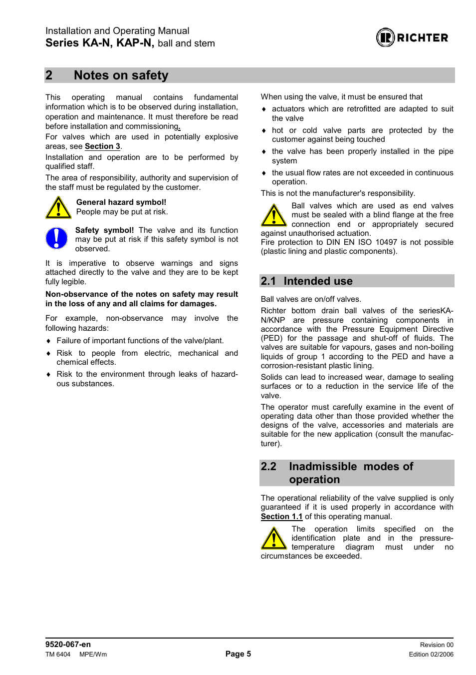 2 notes on safety, 1 intended use, 2 inadmissible modes of operation | Notes on safety, Intended use, Inadmissible modes of operation, Series ka-n, kap-n | Richter KAP-N Series Bottom Drain Ball Valves User Manual | Page 5 / 17