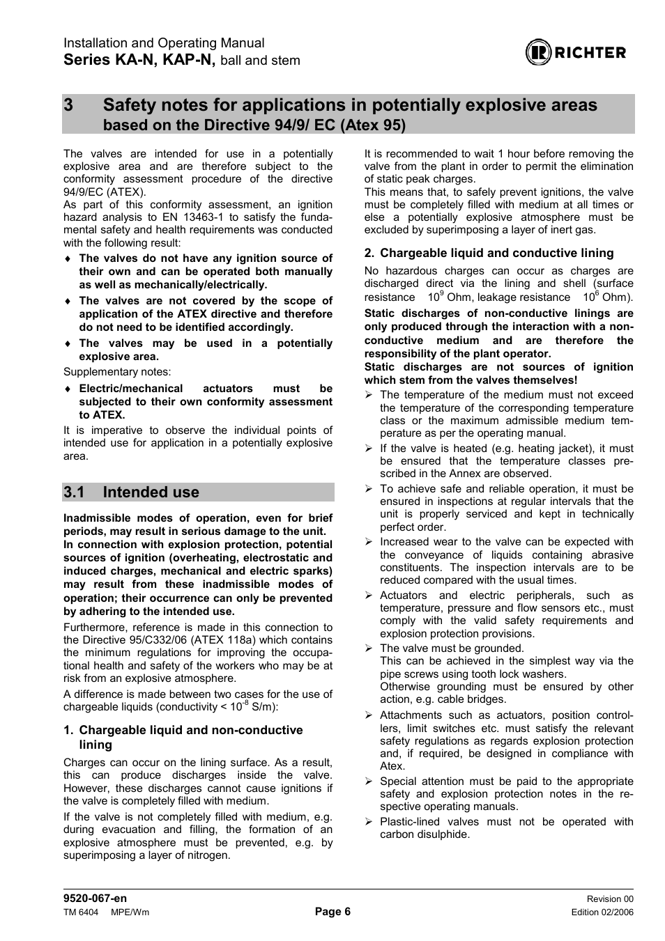 1 intended use, The directive 94/9/ ec (atex 95), Intended use | Series ka-n, kap-n | Richter KAP-N Series Bottom Drain Ball Valves User Manual | Page 6 / 17