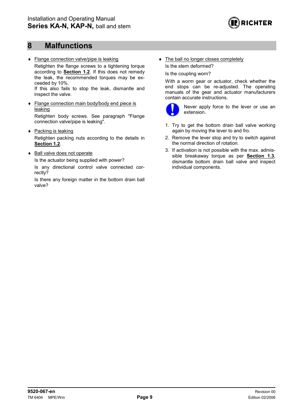 8 malfunctions, Malfunctions, 8malfunctions | Series ka-n, kap-n, Installation and operating manual, Ball and stem | Richter KAP-N Series Bottom Drain Ball Valves User Manual | Page 9 / 17