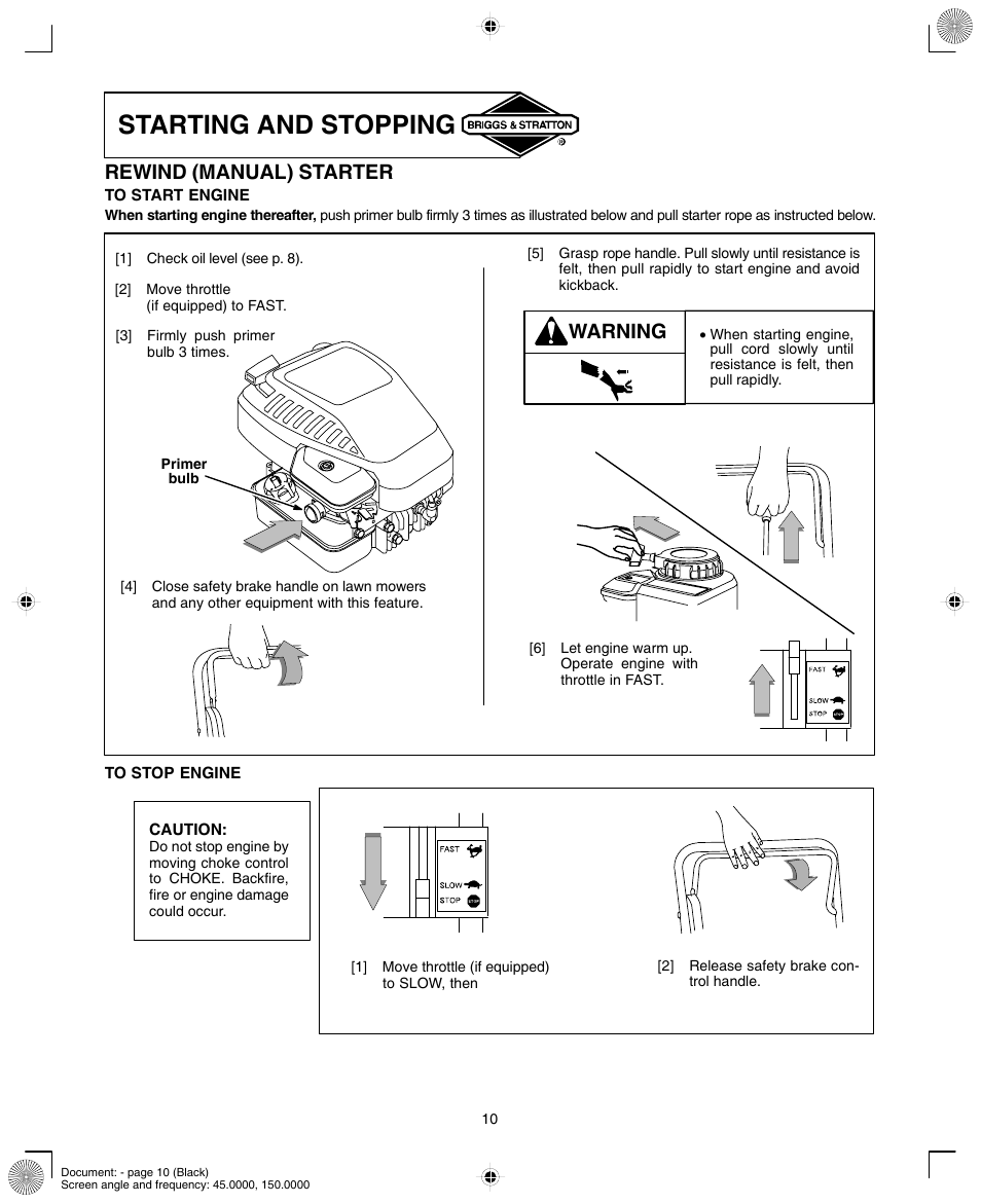 Starting and stopping, Rewind (manual) starter, Warning | Briggs & Stratton 90000/10000 User Manual | Page 10 / 20