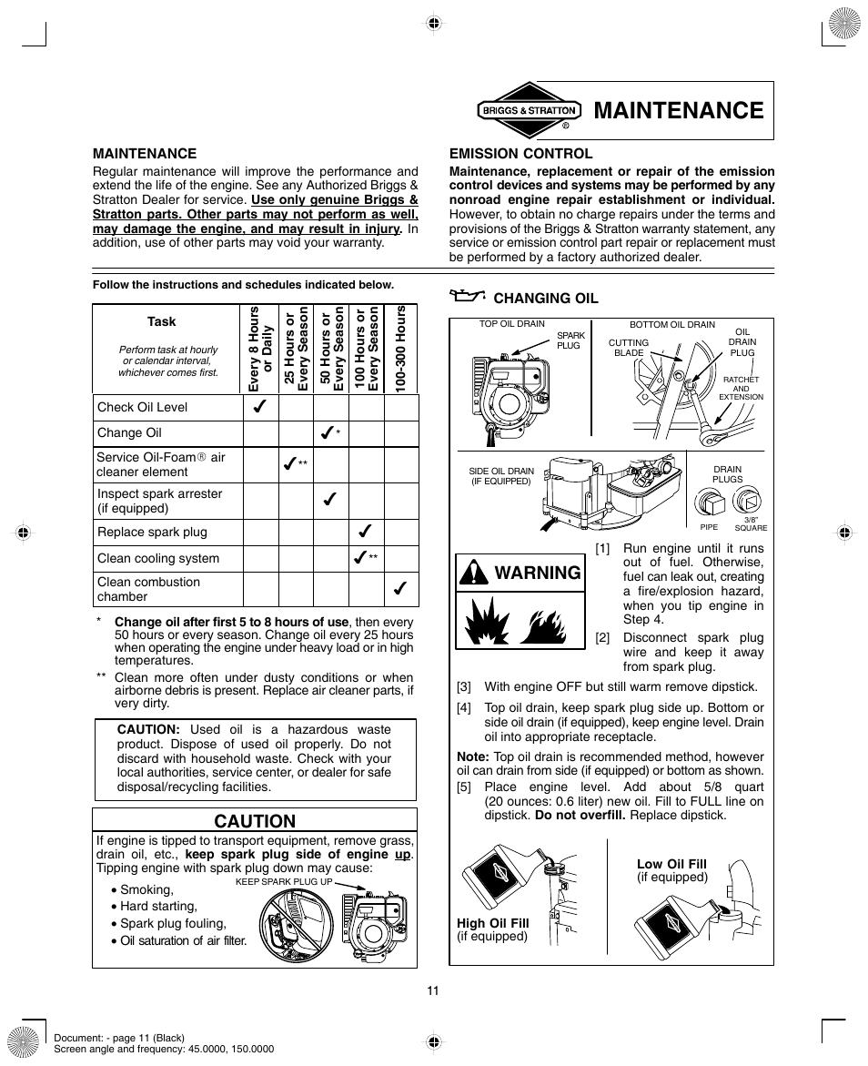 Maintenance, Caution, Warning | Briggs & Stratton 90000/10000 User Manual | Page 11 / 20