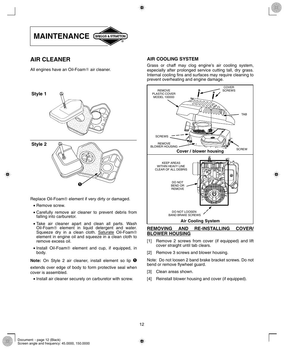 Maintenance, Air cleaner | Briggs & Stratton 90000/10000 User Manual | Page 12 / 20